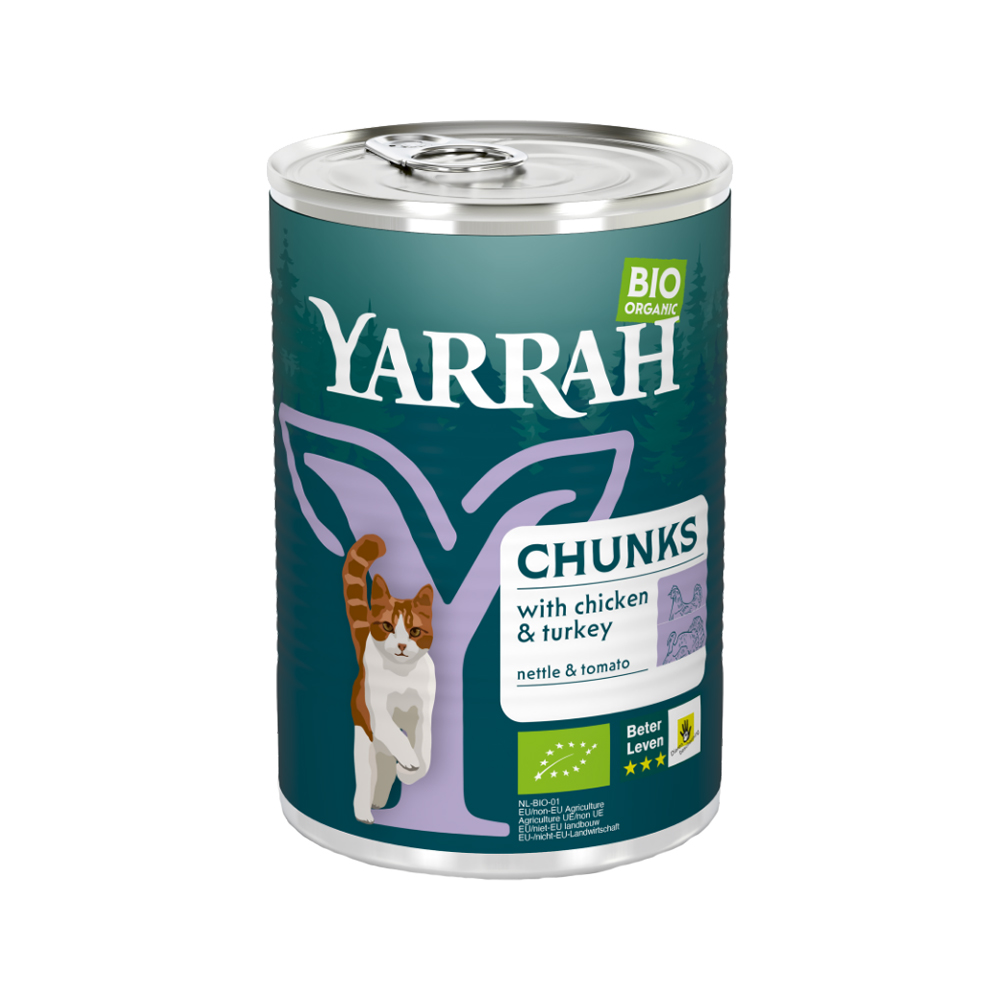 Yarrah Bio Chunks Katzenfutter - Dosen - Huhn & Truthahn mit Brennnessel & Tomate