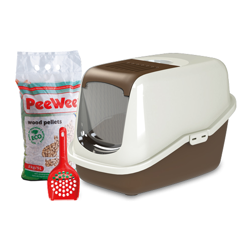 PeeWee EcoHus - Bac à litière pour chat - Kit de démarrage - Marron