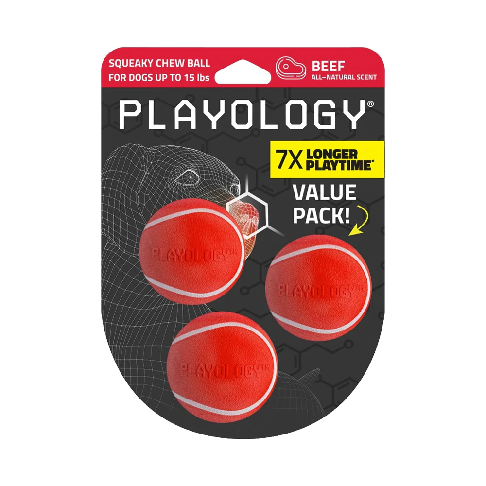 Playology Squeaky Chew Ball - Small - Manzo - 3 pezzi