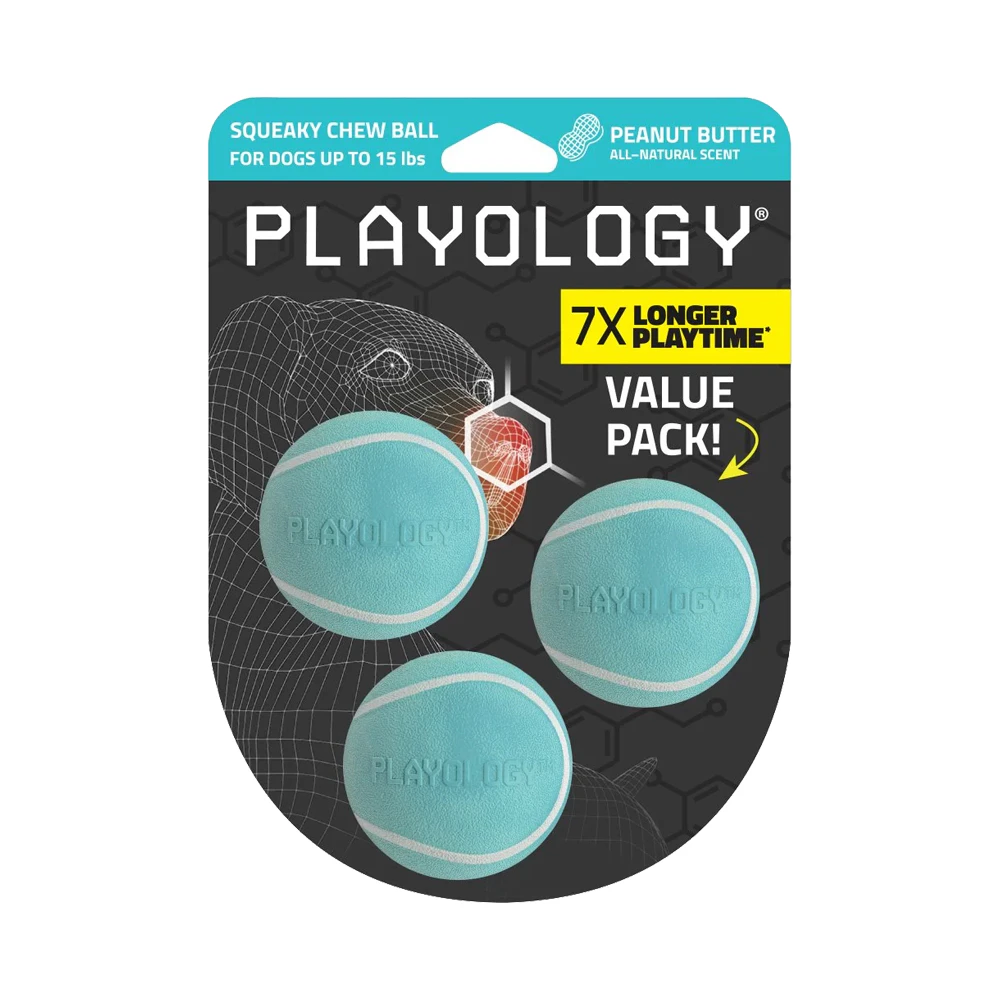 Playology Squeaky Chew Ball - Small - Burro di arachidi - 3 pezzi