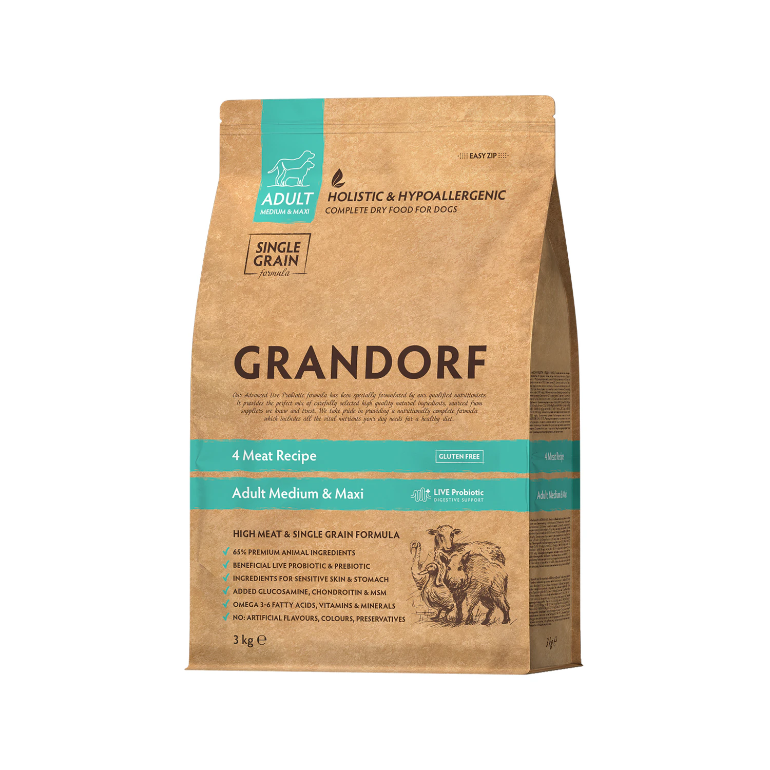 Grandorf Medium & Maxi Breeds Adult - 4 Meat - Hundefoder