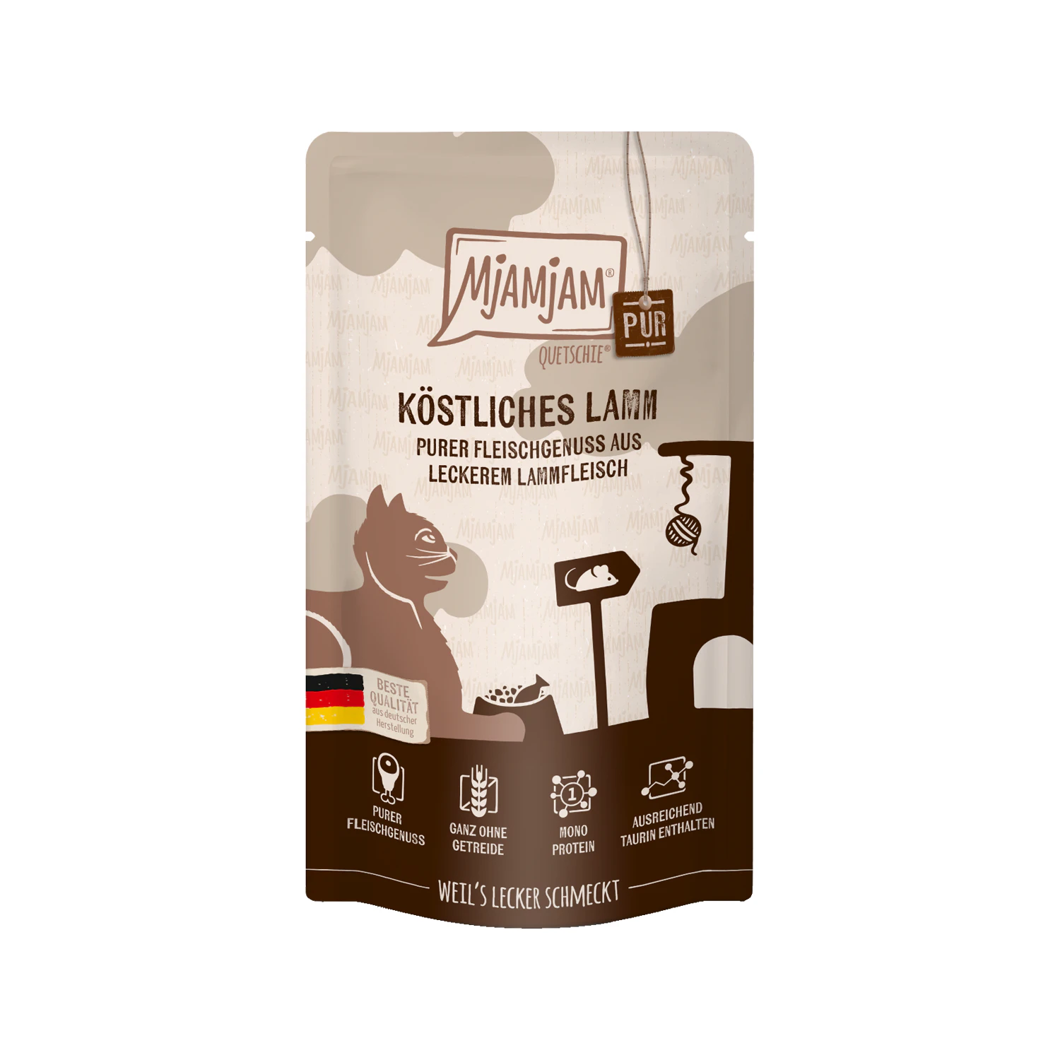 MjaMjaM Puur Vleesgenot - Knijpzakje Adult Cat - Lam - 3 x 125 g