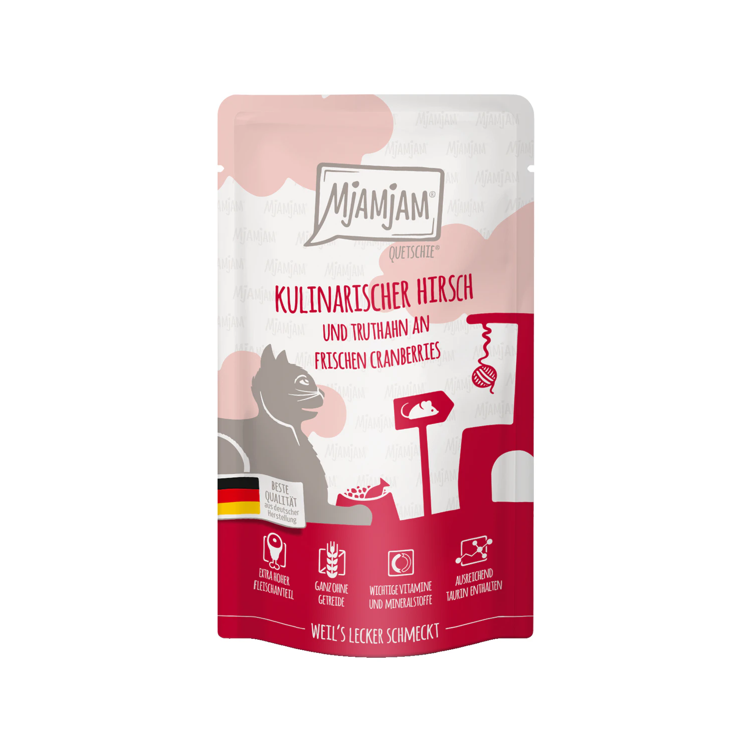 MjaMjaM Natvoer - Knijpzakje Adult Cat - Hert en kalkoen met veenbes - 3 x 125