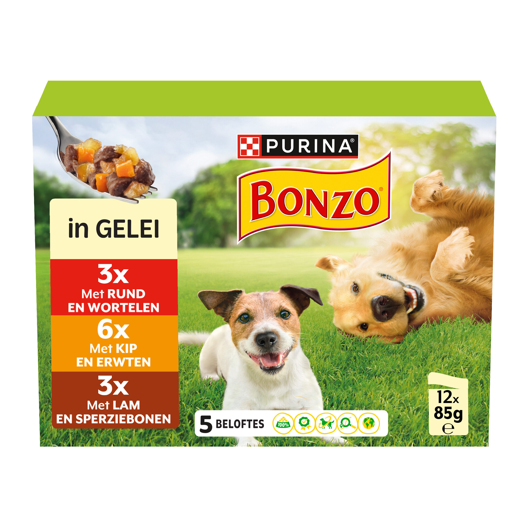 Bonzo Adult Vådfoder i Gelé – Okse, Kylling og Lam – 12 x 85 g