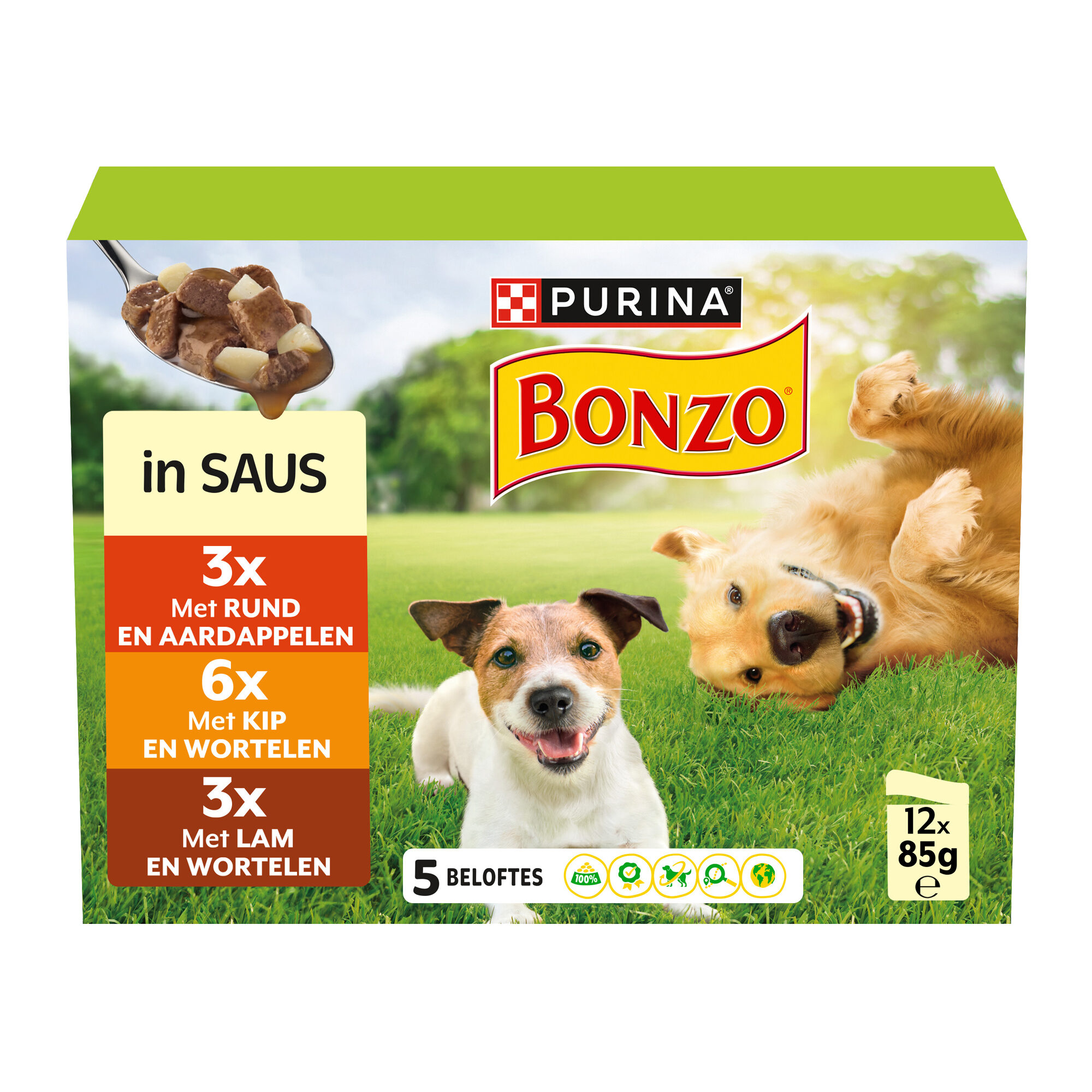 Bonzo Adult Vådfoder i Sovs – Okse, Kylling og Lam – 12 x 85 g