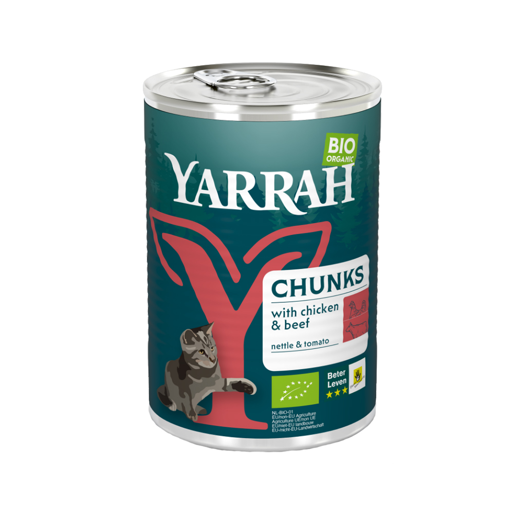 Yarrah Bio Chunks Katzenfutter - Dosen - Huhn & Rind mit Brennnessel & Tomate
