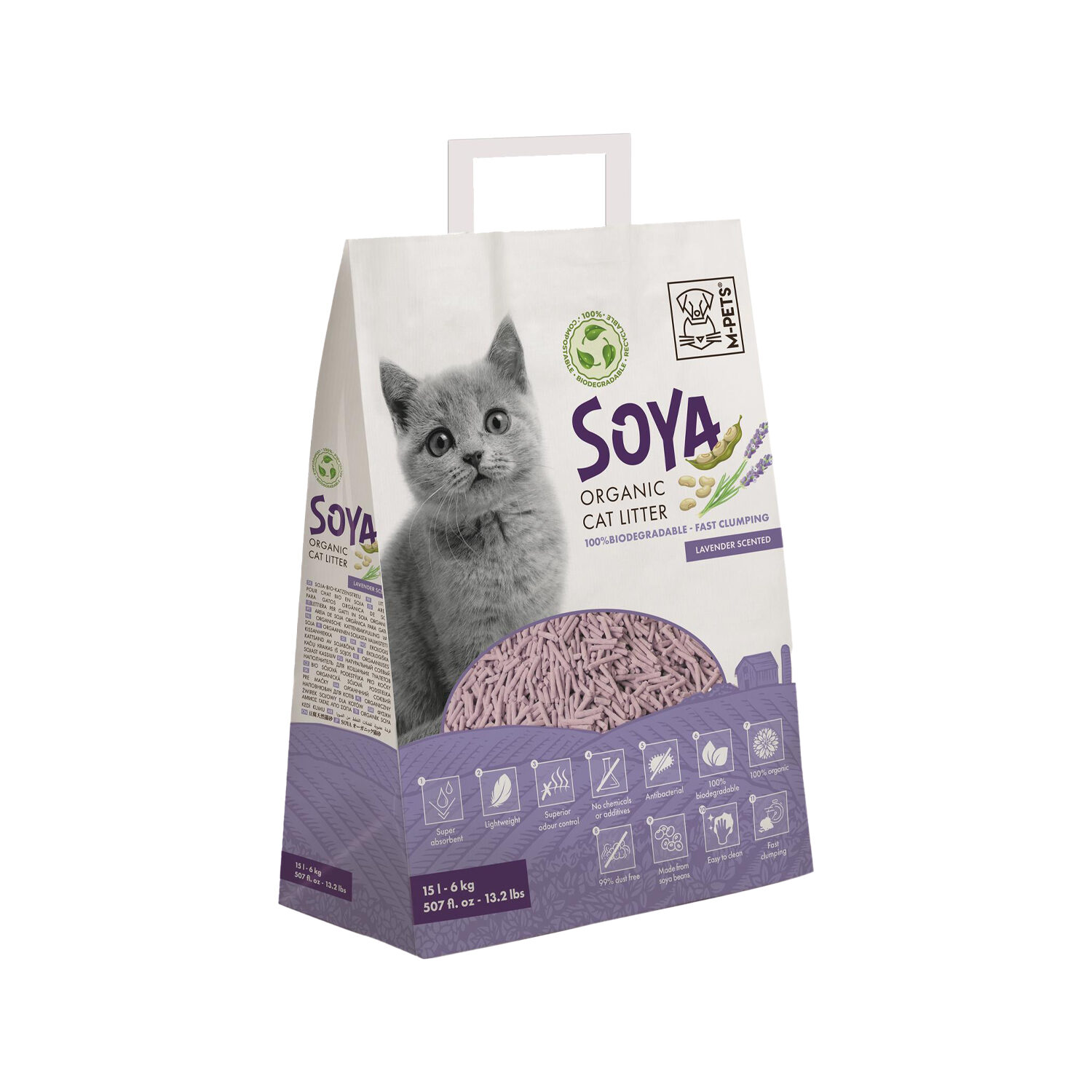 M-PETS - Soya Cat Litter - 6 kg - 15 L - Lavender fragrance