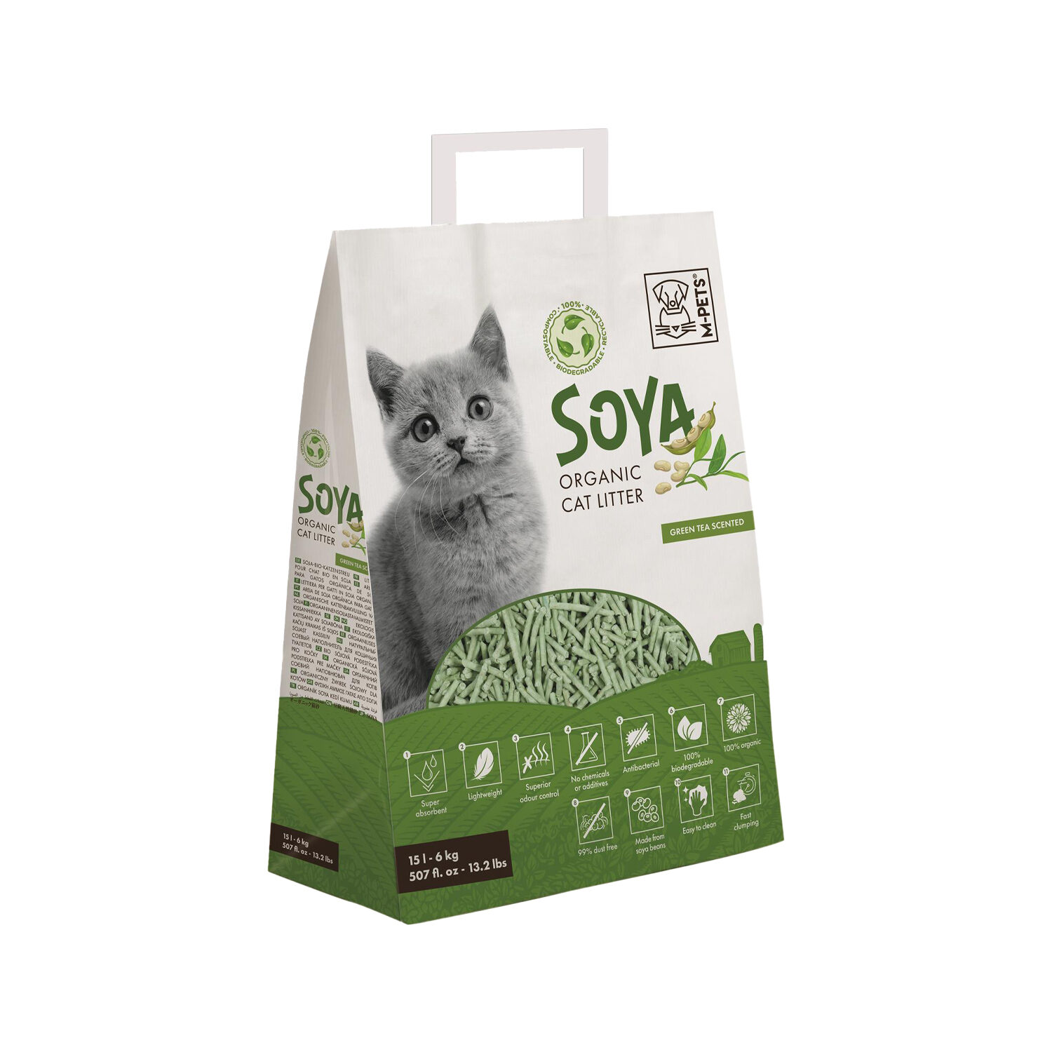 M-PETS - Soya Cat Litter - 6 kg - 15 L - Tea fragrance