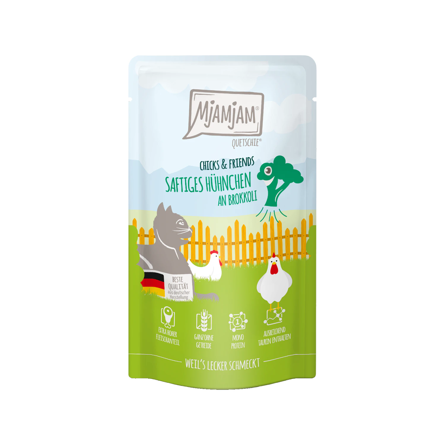 MjaMjaM Chicks & Friends - Knijpzakje Adult Cat - Kip met broccoli - 125 g