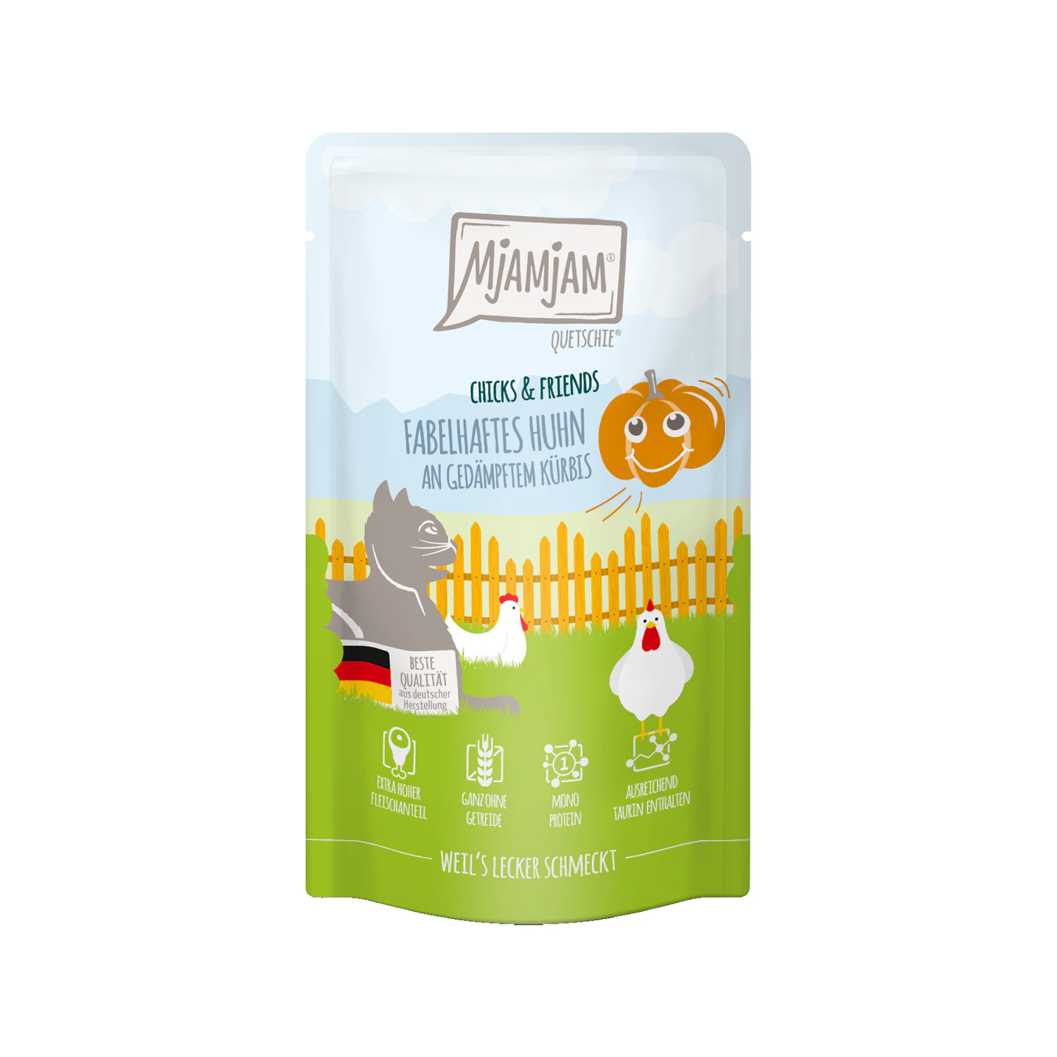 MjaMjaM Chicks & Friends - Knijpzakje Adult Cat - Kip met pompoen - 125 g