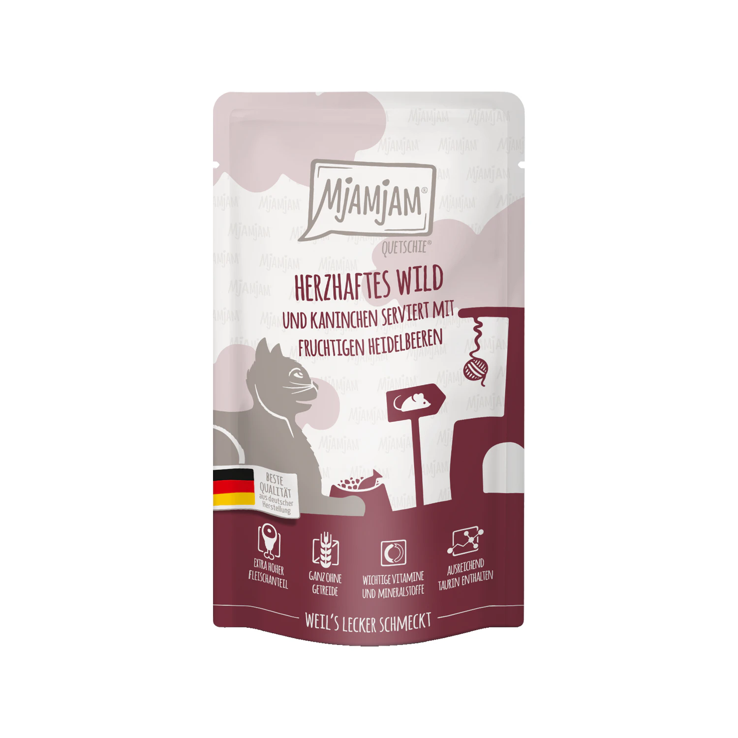 MjaMjaM Nassfutter - Quetschbeutel Adult Cat - Wild und Kaninchen mit Heidelbeere - 125 g