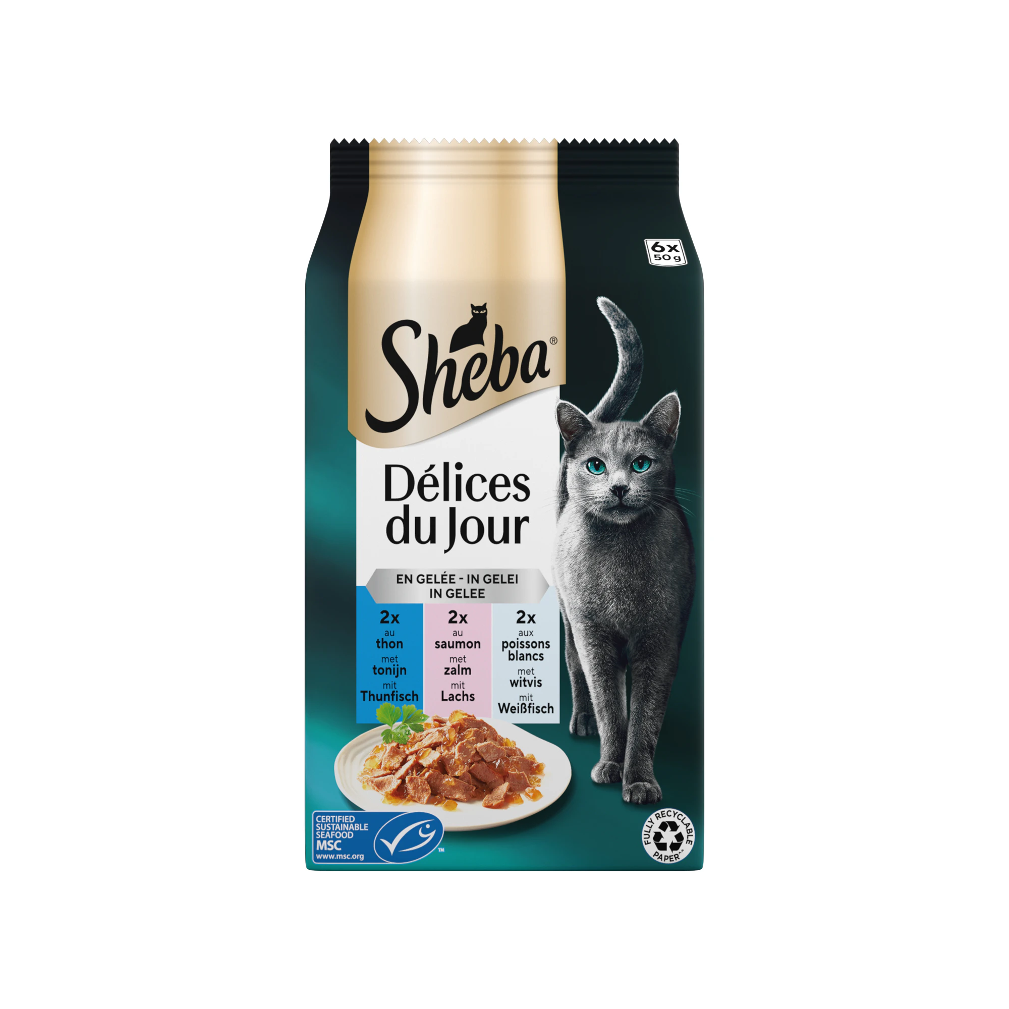Sheba Délices du Jour in Gelei - Tonijn, Zalm en Witvis - 12 x 50 g