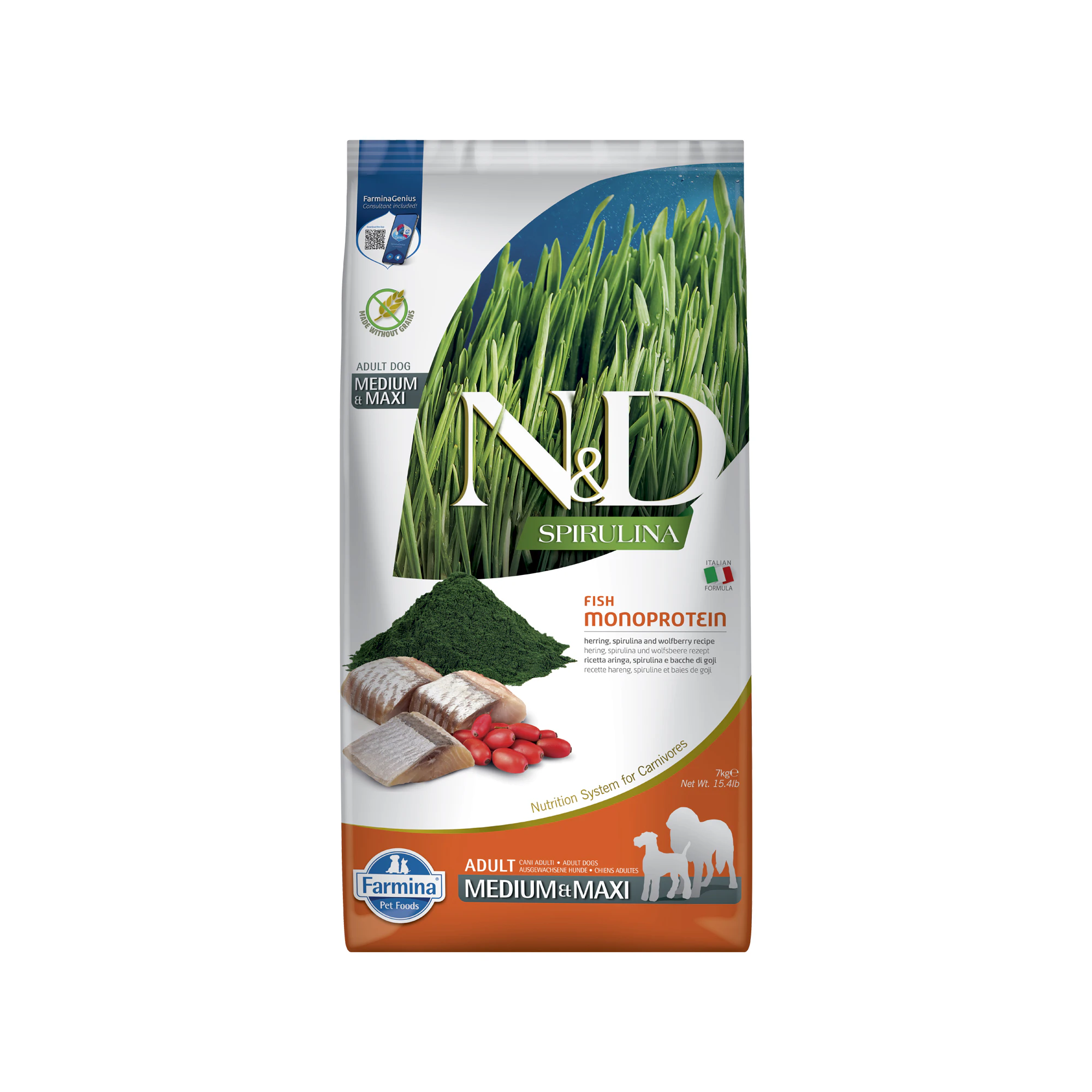 Farmina N&D Spirulina Adult Medium & Maxi Cibo per Cani - Aringa e bacche di goji - 2 kg