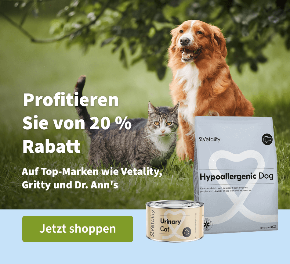 Profitieren Sie von 20 % Rabatt - Auf Top-Marken wie Vetality, Gritty und Dr. Ann's