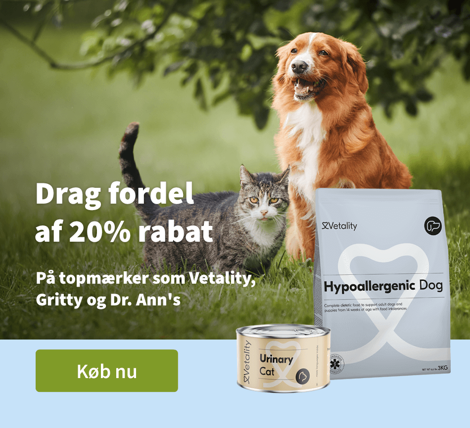 Drag fordel af 20% rabat - Pa topmaerker som Vetality, Gritty og Dr. Ann's