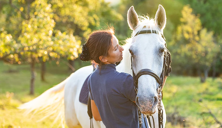 Vrouw knuffelt met wit paard in de wei
